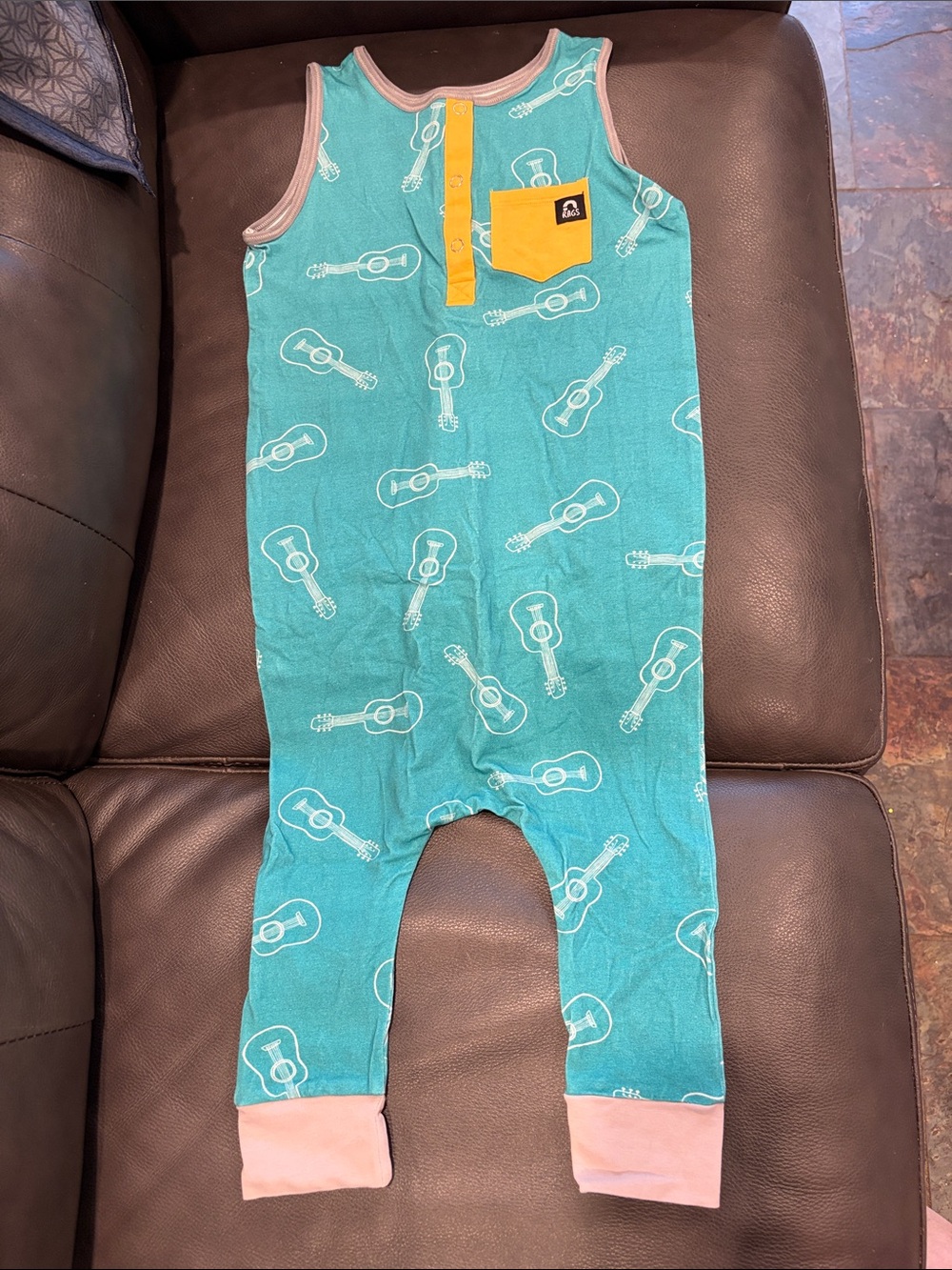 Rags to Raches Teal Guitar-Print Sleeveless Romper with Yellow Pocket